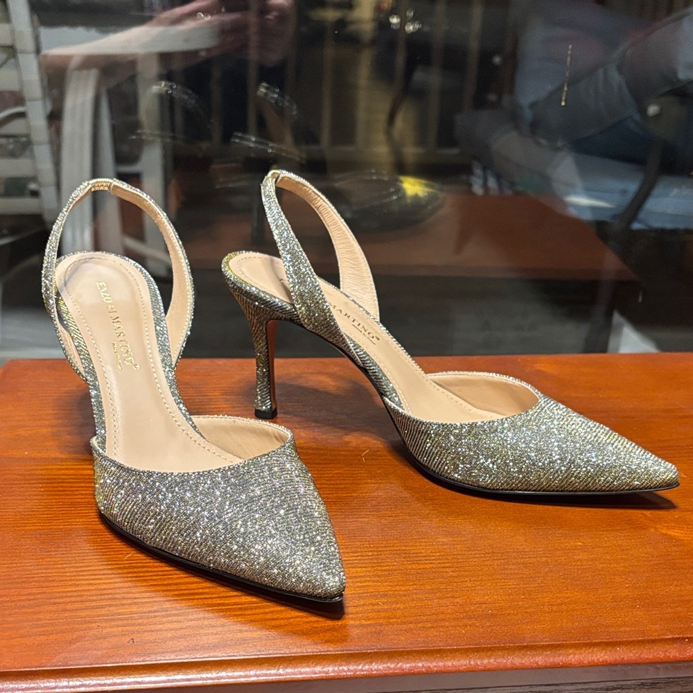 Enzo Di Martino sparkly slingback heels 39.5  made in Italy party shoes silver 9